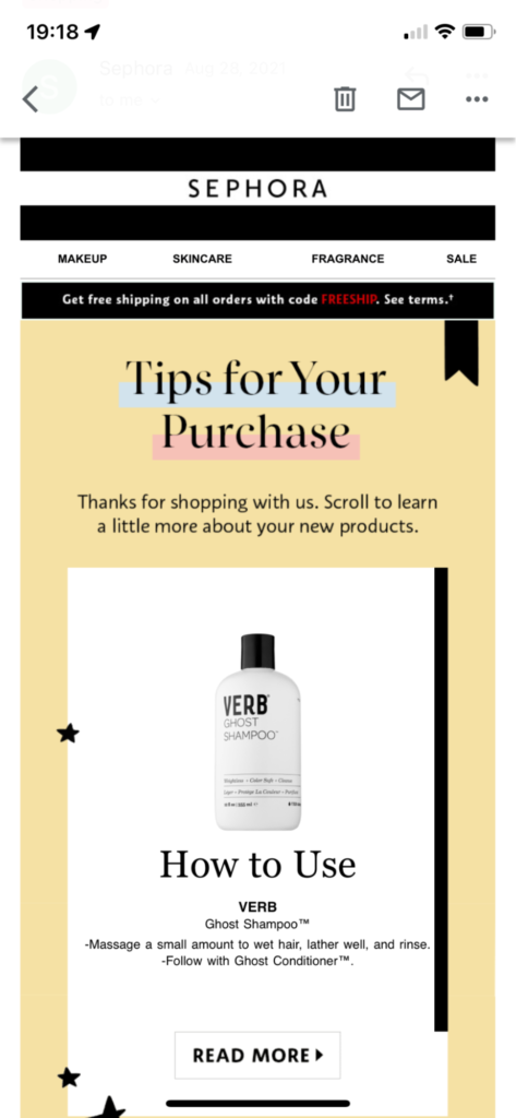 value-added email from Sephora showing tips for how to use recently purchased item