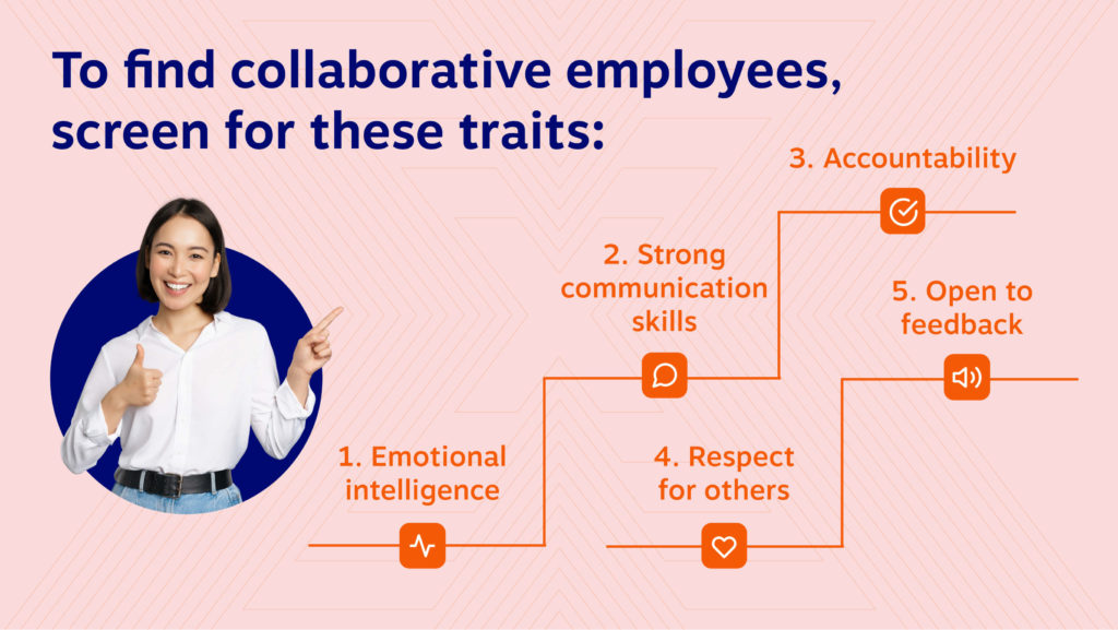 To find collaborative employees, screen for these traits: emotional intelligence, strong communication skills, accountability, respect for others, open to feedback. 