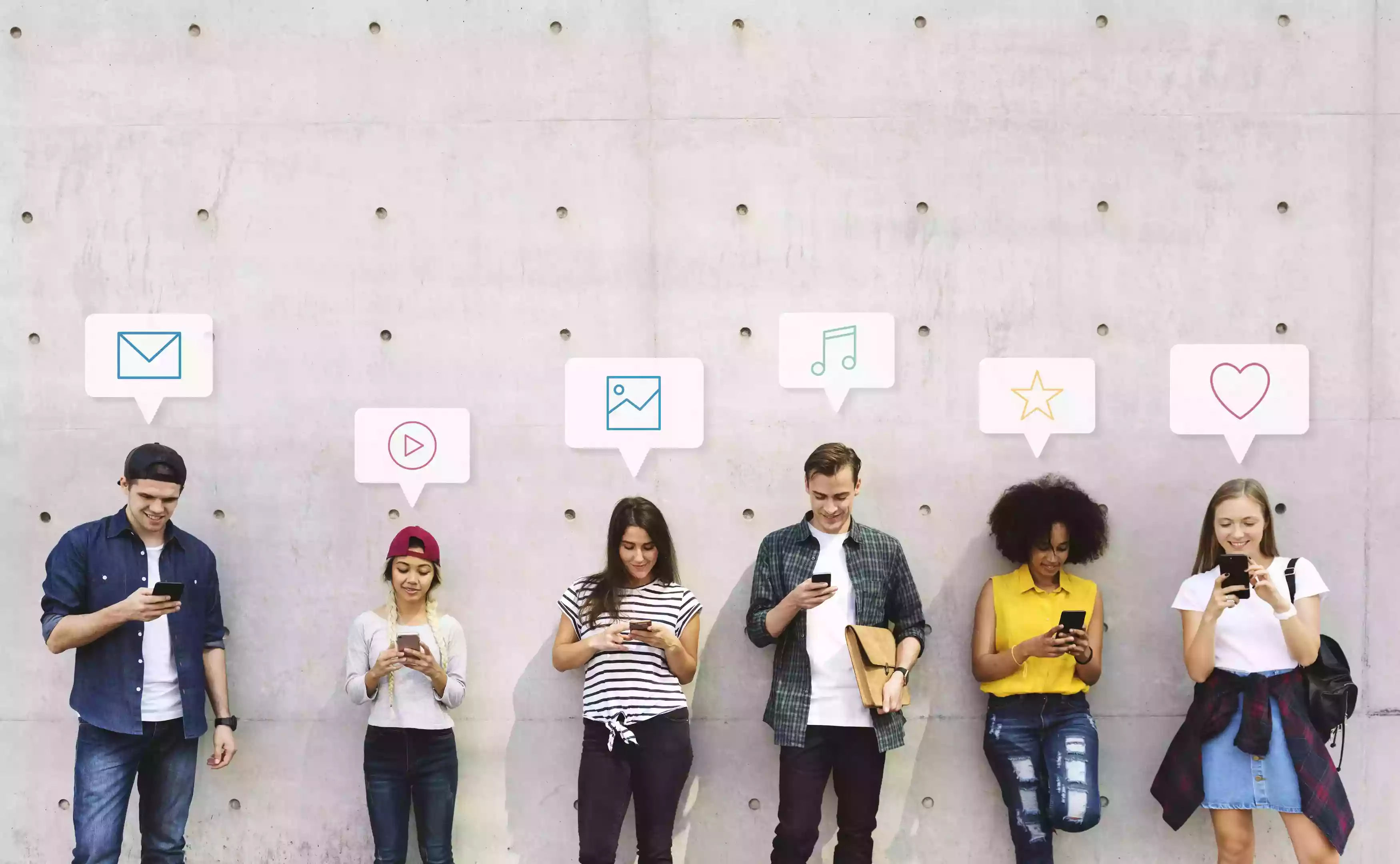 Diverse group of people engaging with social media on their smartphones - Community Growth Visualization