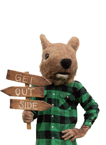 A humanoid squirrel holding a directional sign saying 'Get Out Side'