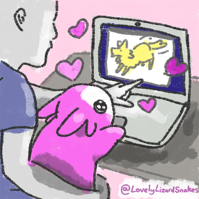 Illustration of a Dot looking at a laptop screen with its owner by @Whitepawprint