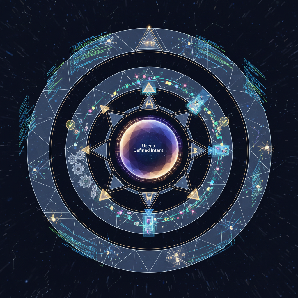 An intricate, geometric visual representing a 'Constraint Loop'. At the center, a pulsing core of light signifies the user's defined intent. Radiating outwards are several tightly controlled, circular pathways. Each pathway shows a small, intelligent agent successfully completing a micro-task (e.g., a tiny gear turning, a data point being validated, a code snippet compiling) and then returning to a central validation node before proceeding. The connections are clean and precise, with a subtle, confident energy. The overall aesthetic is one of organized efficiency and intelligent design, suggesting a robust system. Composition: Top-down or isometric view, emphasizing the structured, looped nature of the process.
