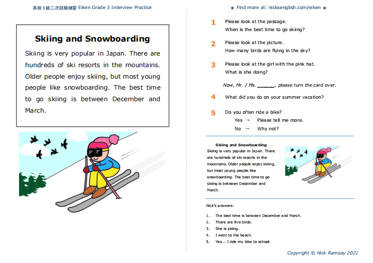 英検3級 Skiing and Snowboarding