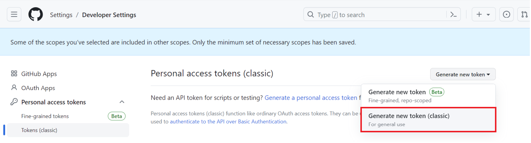 Generate new token(classic)