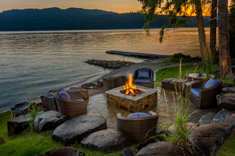 backyard resort lake fire pit sustainable design