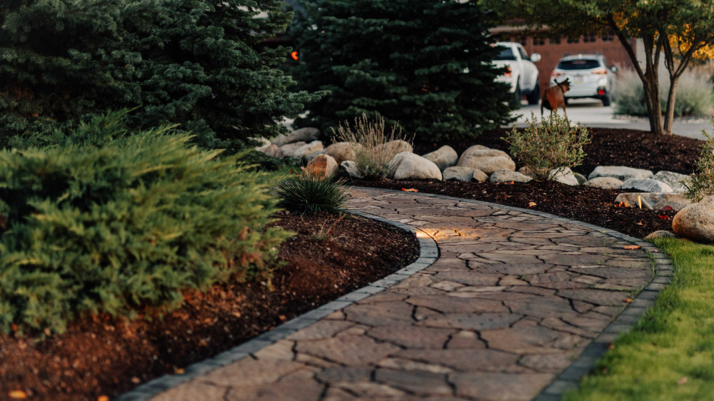 Stone path with landscape lighting and beautiful trees and shrubs