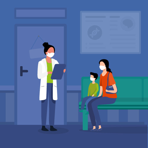 Illustration of a doctor, mother and child at a clinic