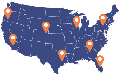 Map of the United States in navy blue with white lines delineating state locations. Orange pins decorated the map to indicate finding locations on a map.