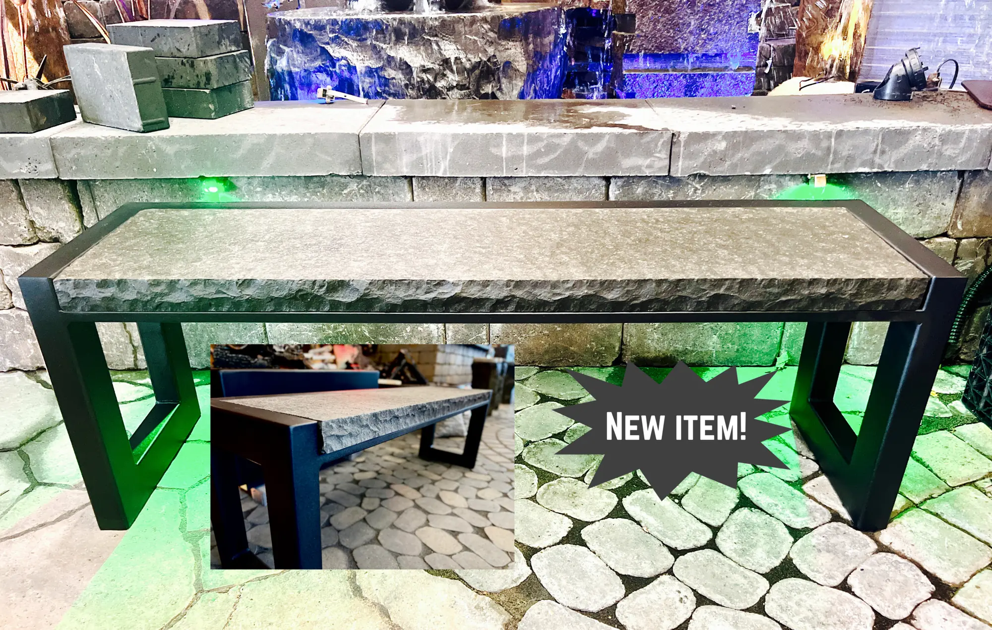 4' Powder coated bench with stone insert. Powder coat color & stone color choices available
