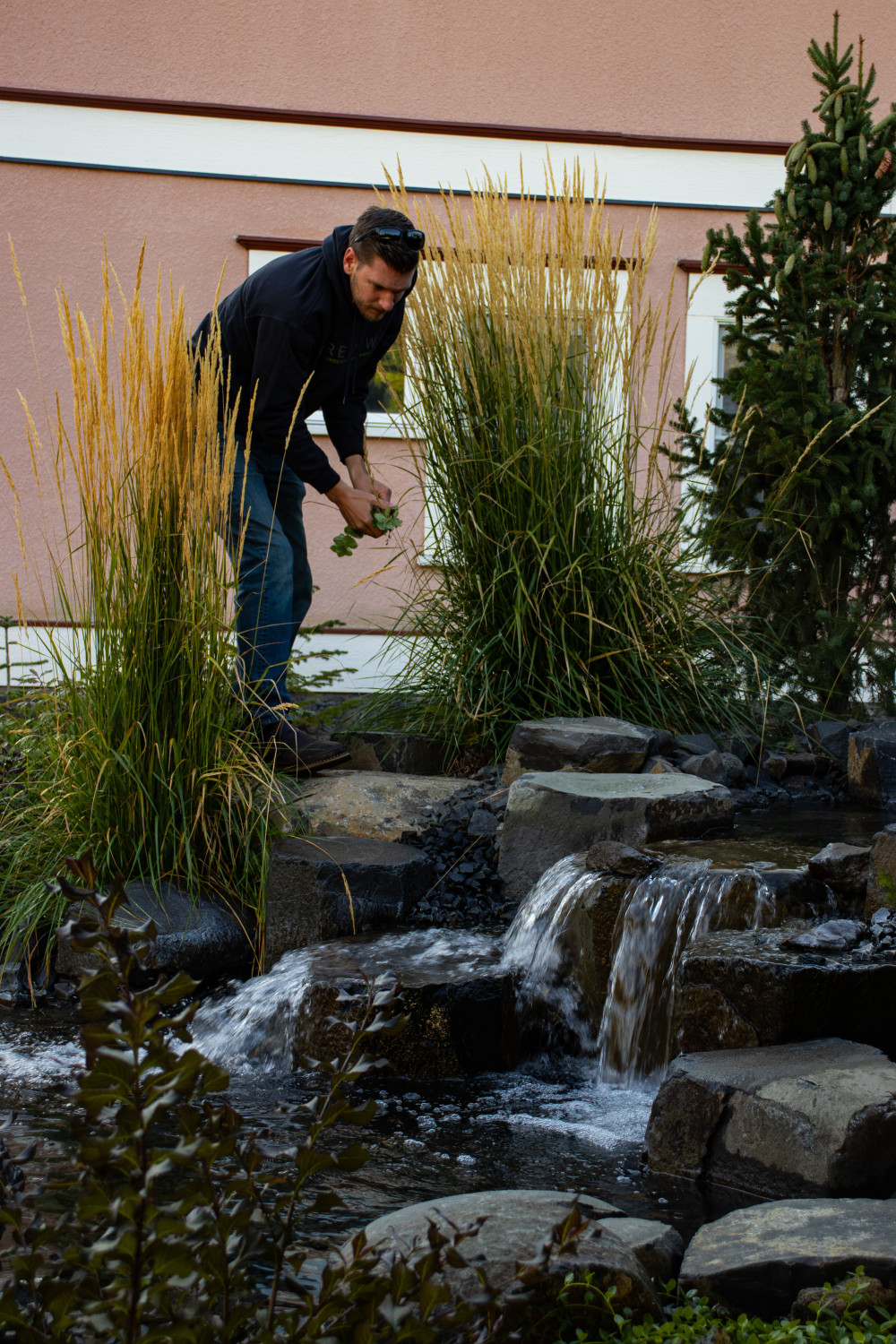 weeding outdoor landscape with water feature