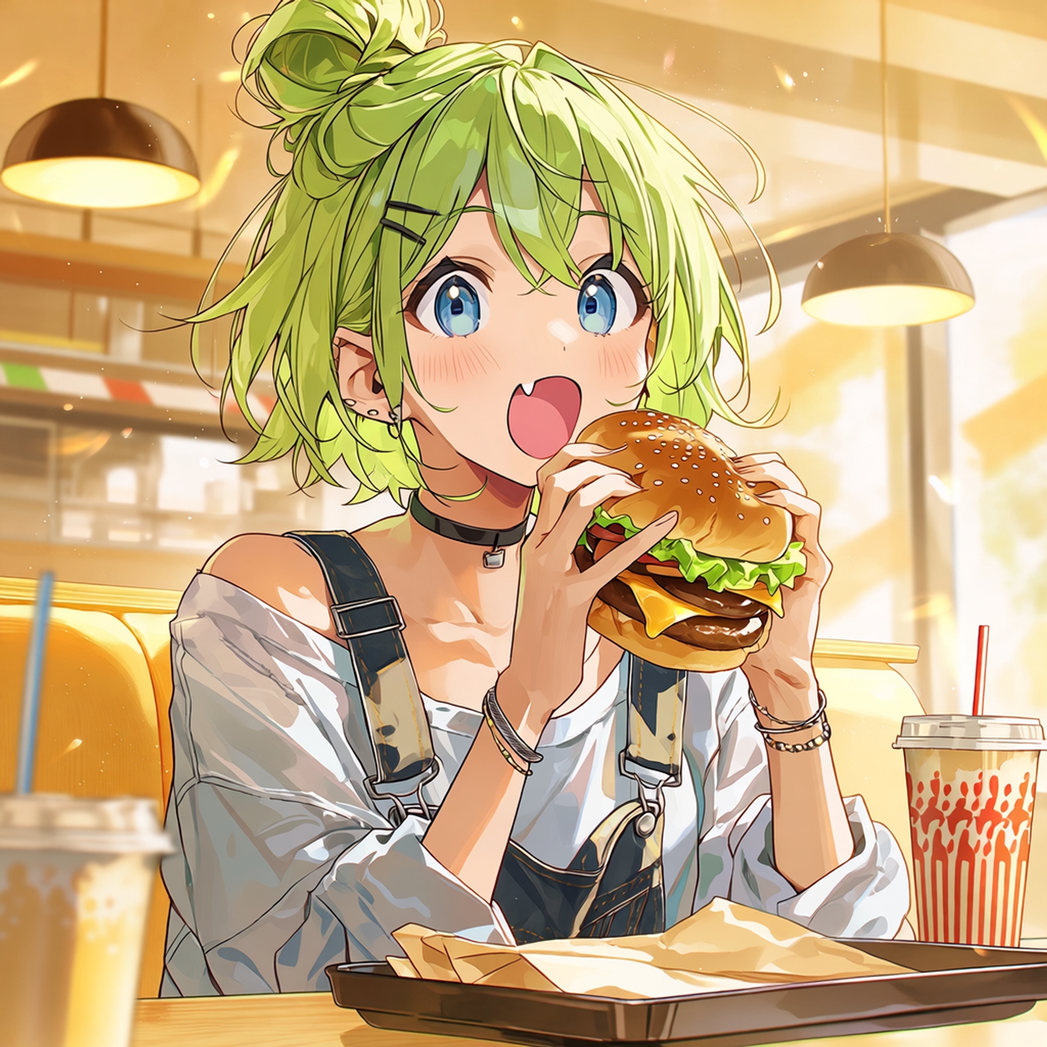 Niji 7 預設風格:咖啡廳吃漢堡的女孩