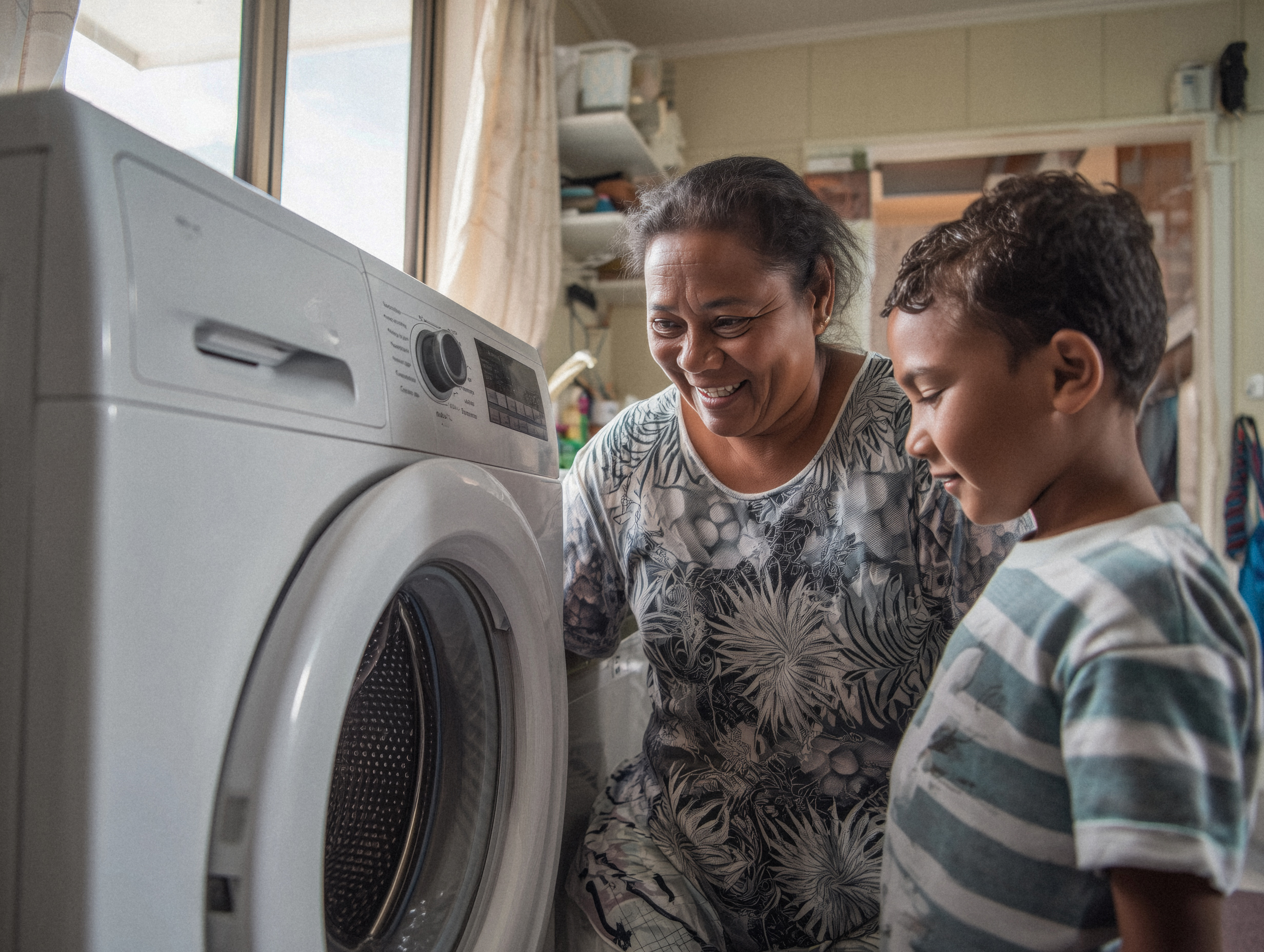 a cinematic high dynamic range shot of a 45 year old aboriginal australian woman feeling happy looking at her new washing machine in a clean low income home with her 12 year old son. --ar 4:3 --raw --stylize 50 --v 7 Job ID: 91de3577-d4be-48bc-83e1-a7a91838ef80