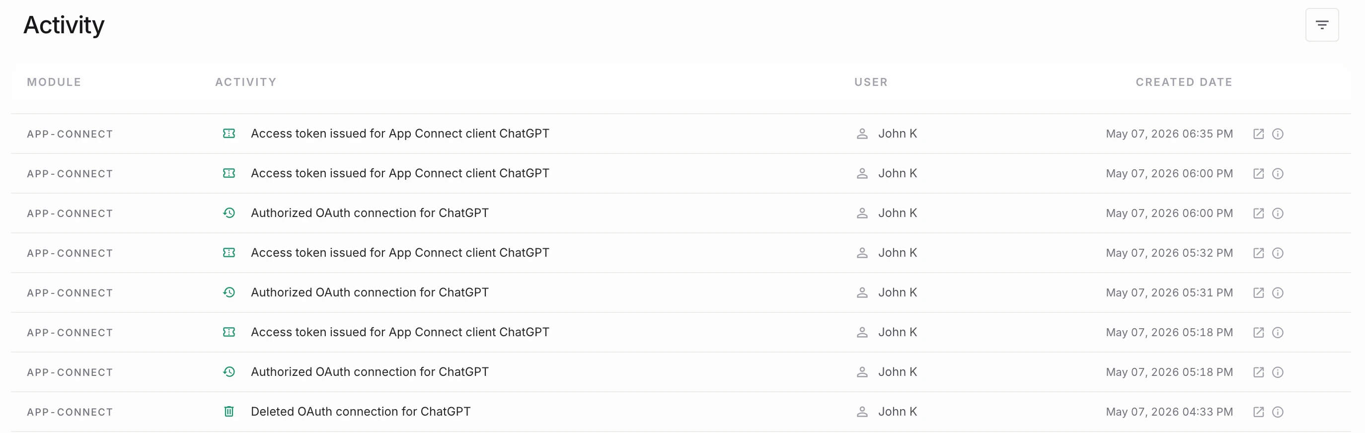 NewLedger authentication and activity history screen
