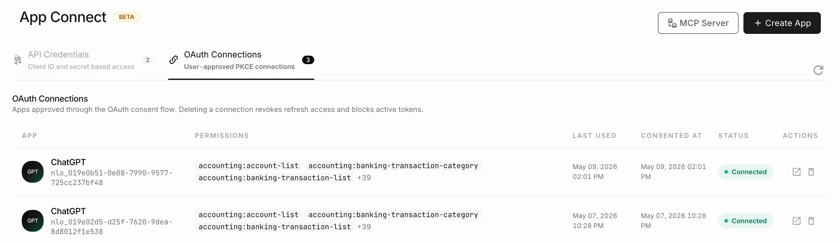NewLedger connected OAuth client list screen