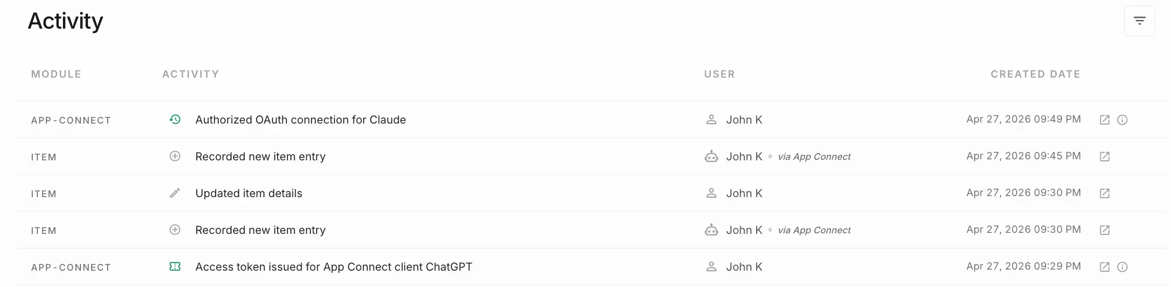 NewLedger MCP agent activity log