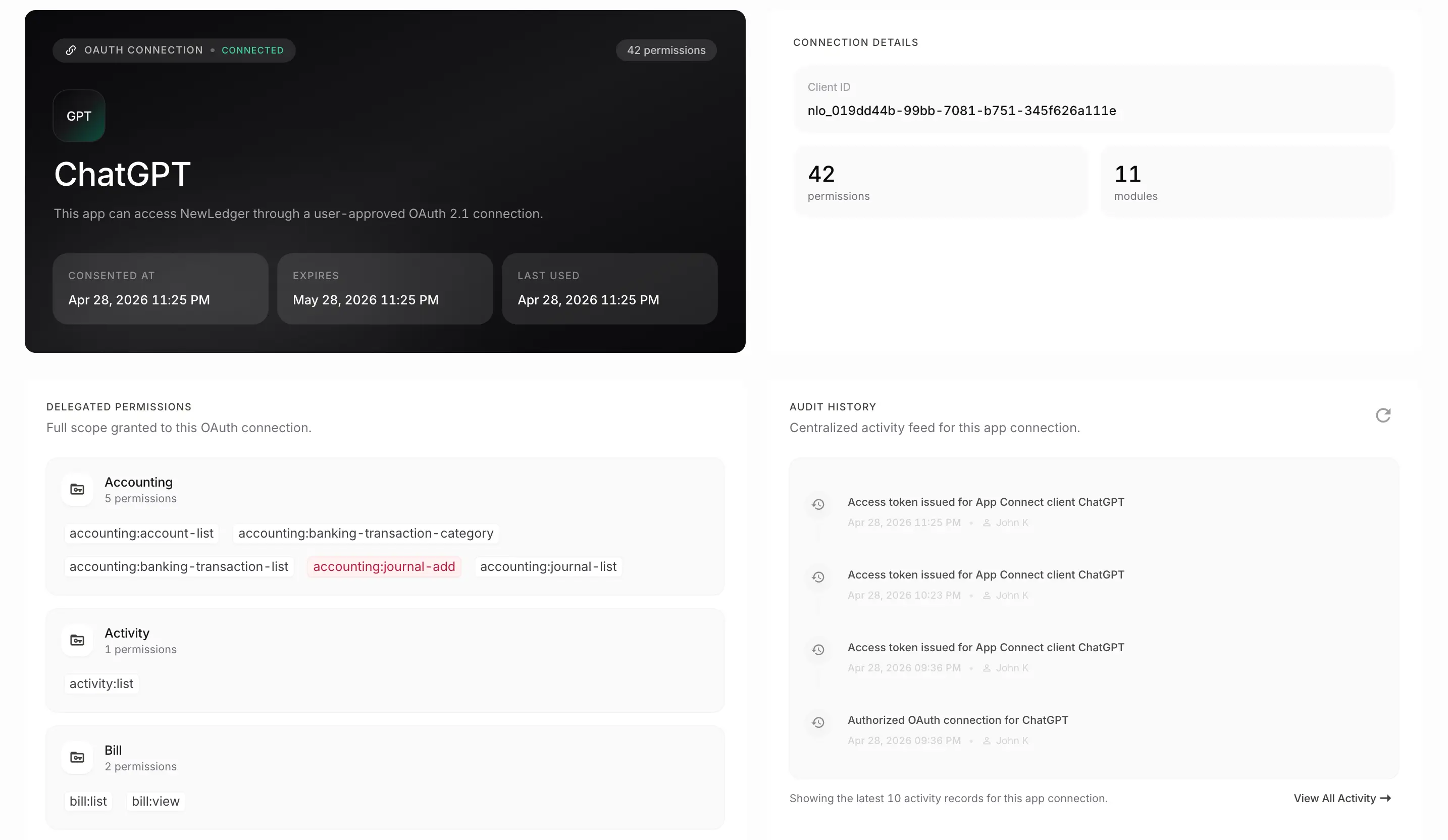NewLedger MCP connection detail screen