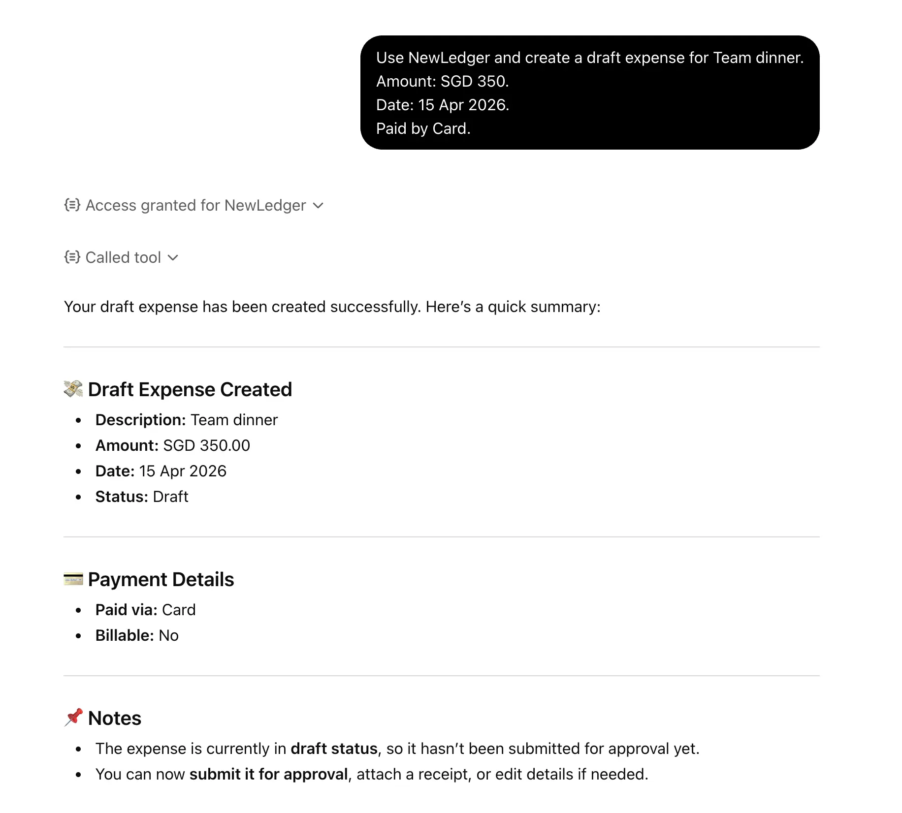 NewLedger MCP expense create tool