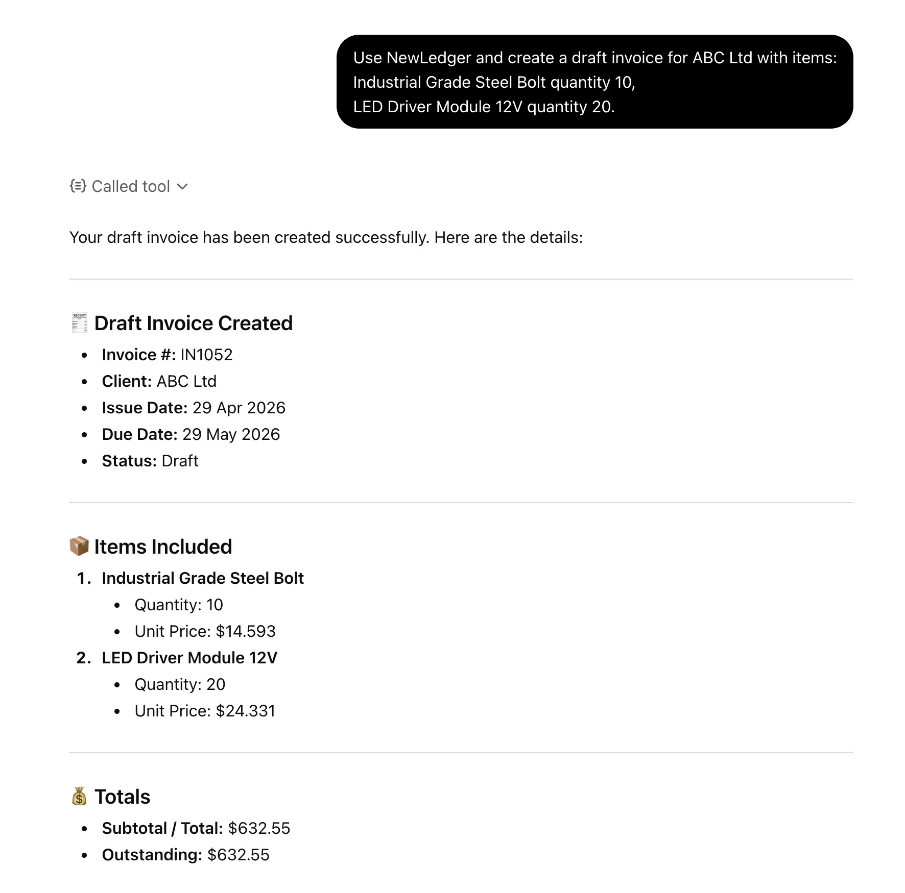 NewLedger MCP invoice create tool