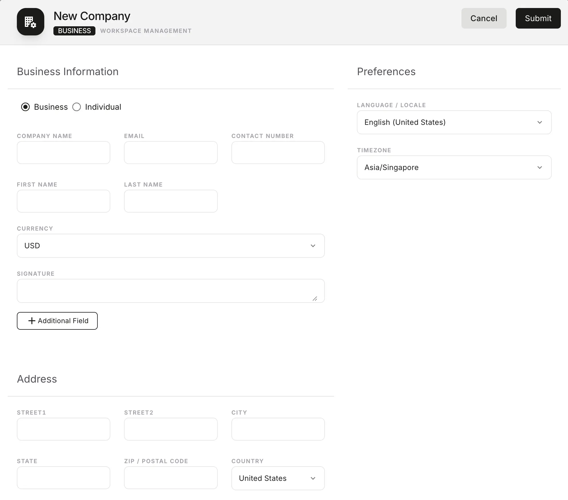 Paprel new company setup form