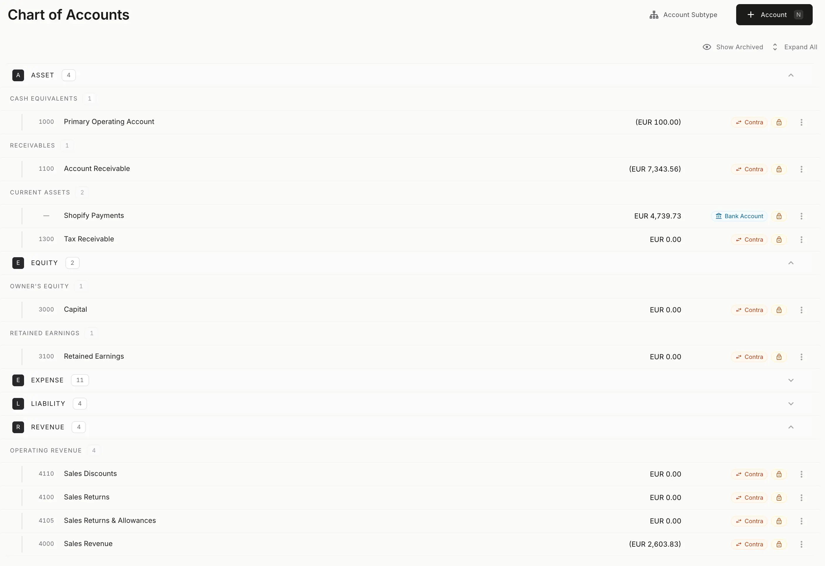 Chart of accounts in the Paprel workspace: coded accounts grouped by type, with parent/child structure