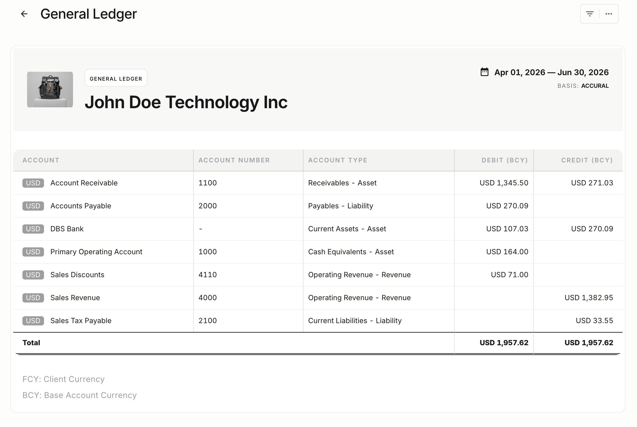NewLedger general ledger reporting screen