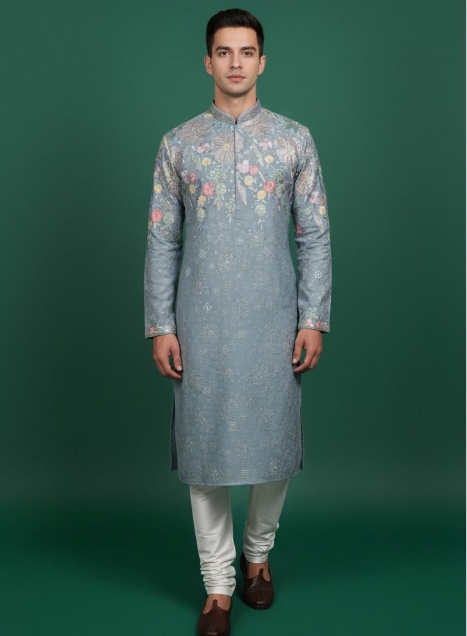 Dusky Blue Floral Embroidered Kurta Set — Kurta Sets | Lehar Clothing UAE