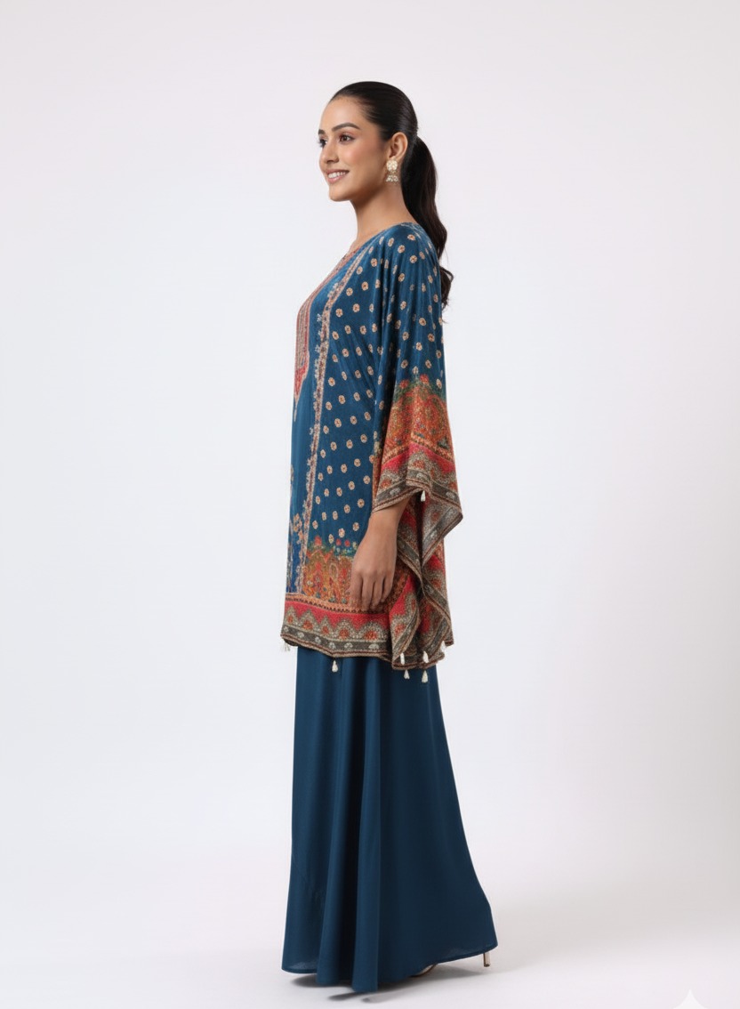 Teal Printed Kaftan Top with Palazzo Pants — Palazzo Sets — view 2 | Lehar Clothing UAE