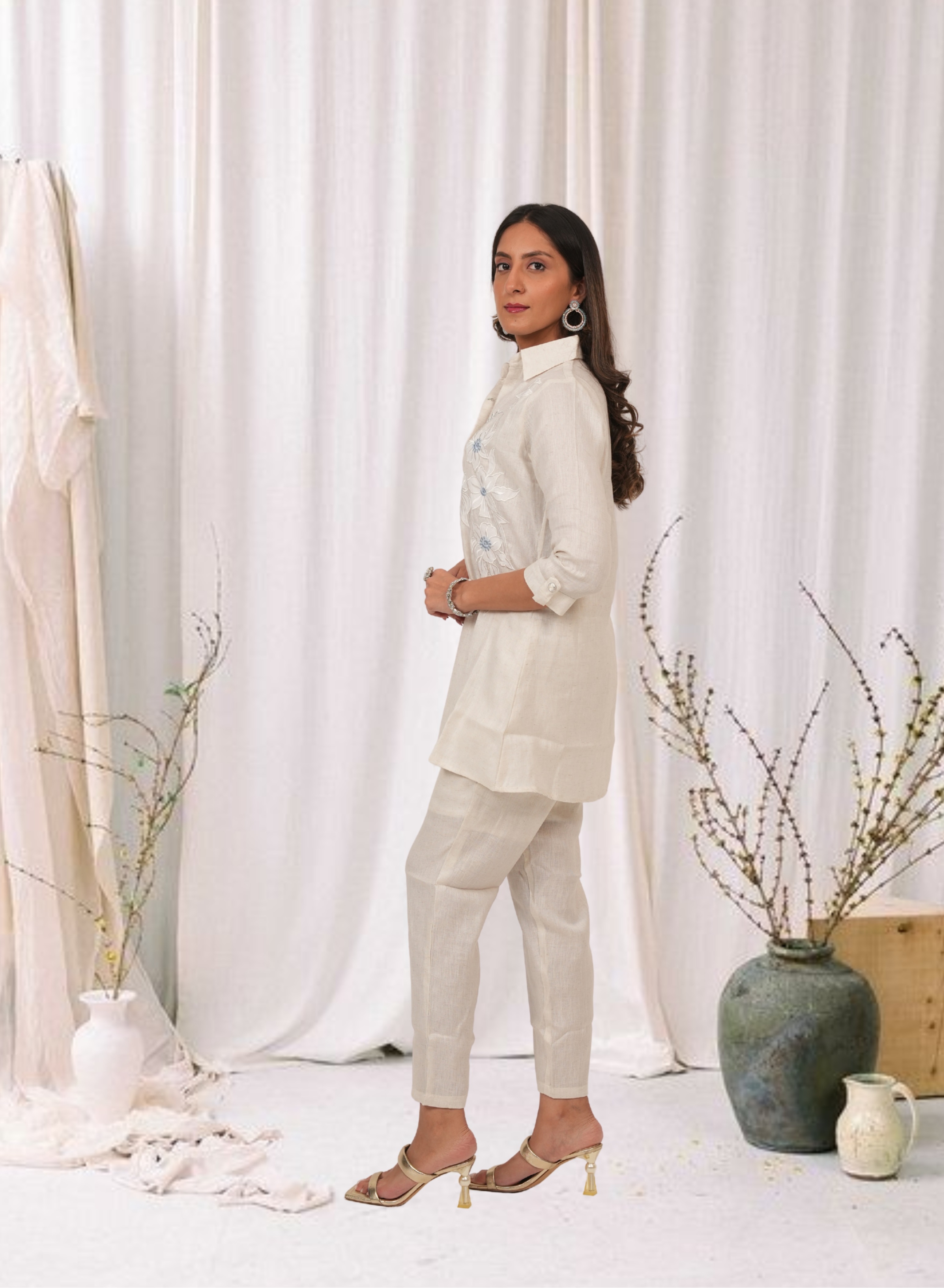Ivory beige embroidered cotton linen kurta set — Co-ord Set — view 2 | Lehar Clothing UAE