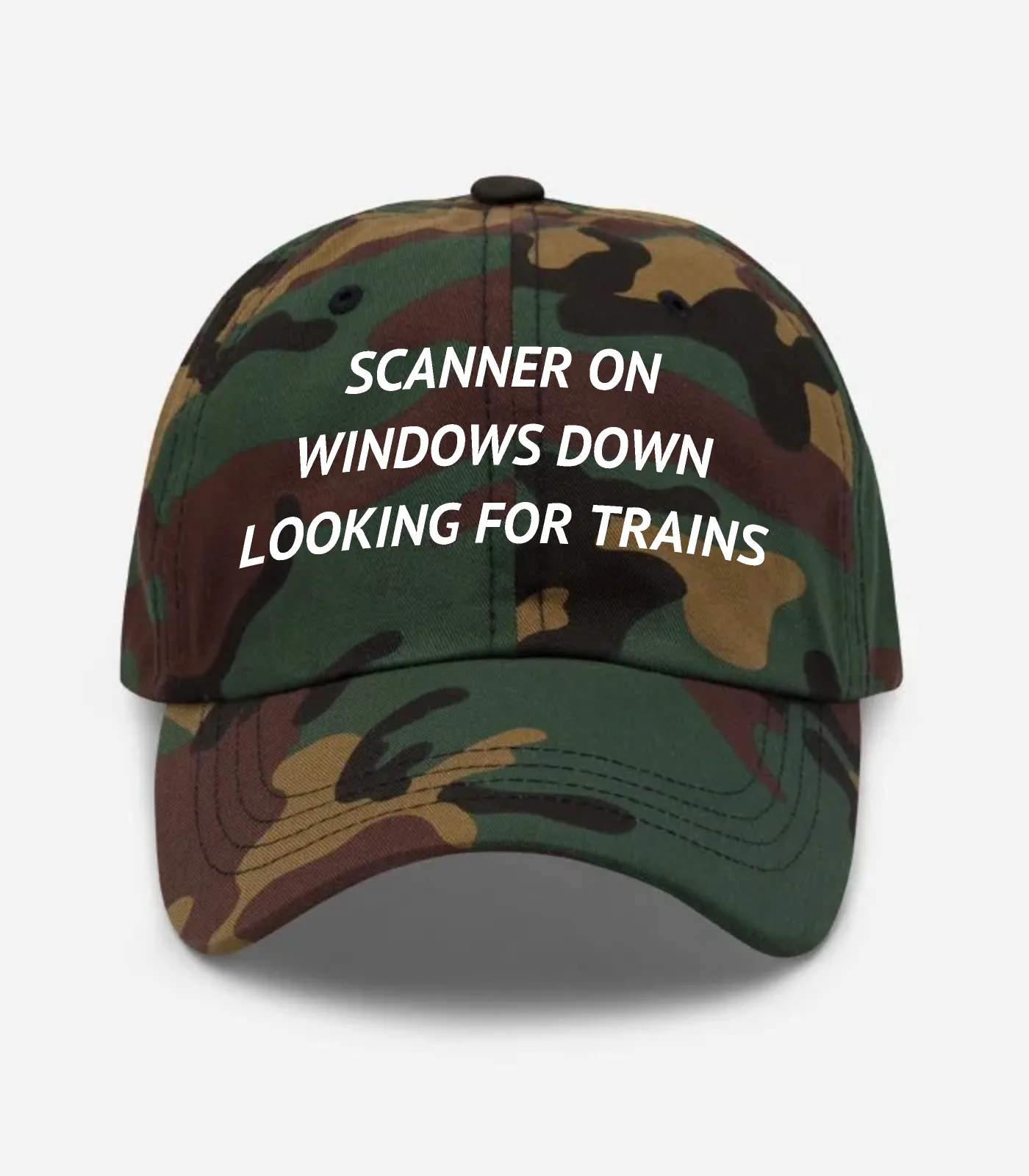 Scanner On Windows Down Looking For Trains Hat - Green Camo