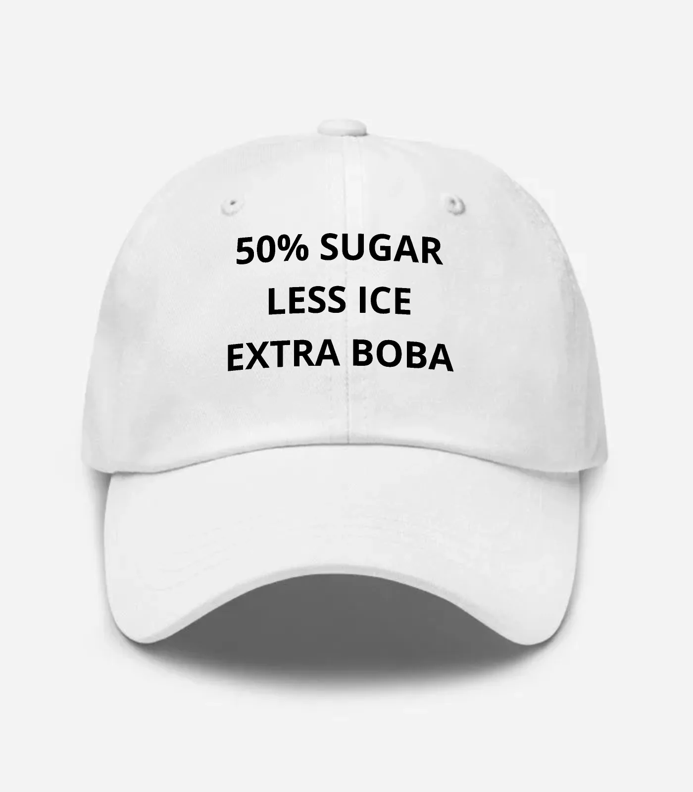 50% Sugar Less Ice Extra Boba Hat - White