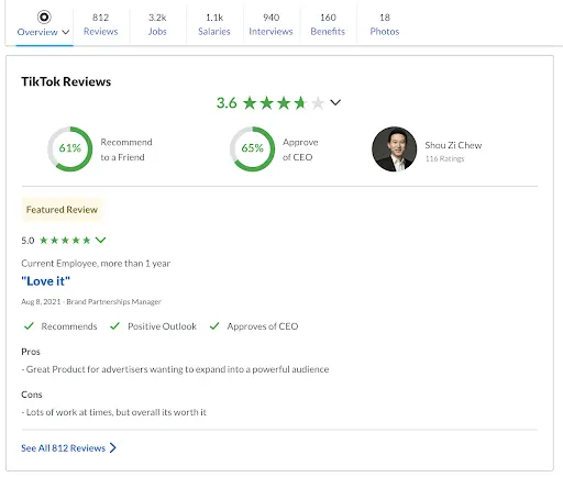 Glassdoor company reviews page showing employee ratings and feedback