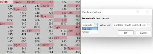 Duplicate Values dialog showing option to switch between highlighting Duplicate or Unique values