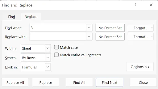 Excel Find and Replace dialog with wildcard pattern to remove text before the colon
