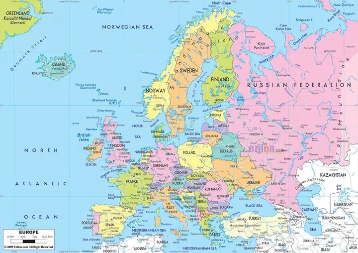 Color-coded political map of Europe showing country names, boundaries, and surrounding bodies of water (e.g., Norwegian Sea, North Atlantic, Mediterranean). The map also includes part of Greenland, Russia, and neighboring regions.