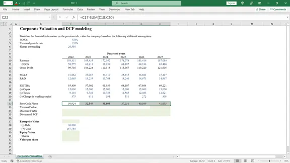 Screenshot of a Microsoft Excel workbook titled 'Corporate Valuation and DCF modeling.' The spreadsheet outlines projected years of revenue, expenses, and EBITDA, along with a section for discounted cash flow calculations, including WACC, terminal growth rate, and enterprise value to derive an implied share price.