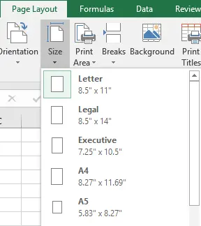 Intro To Excel Page Layout 1 example showing paper sizes: