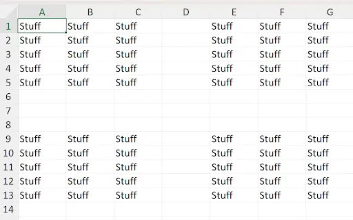 Excel worksheet demonstrating CTRL+Down Arrow navigation through data gaps to row 1048576