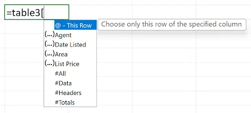 Structured referencing dropdown showing table column names after typing a left bracket