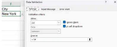 Data Validation dialog box referencing the spill range for the city dropdown list