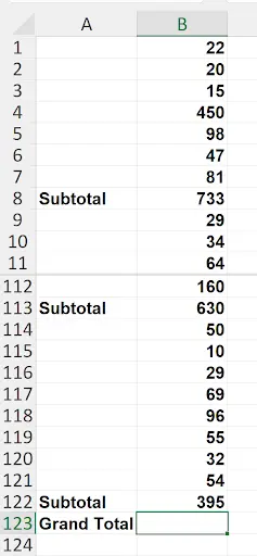 Excel worksheet with numbered rows containing values and periodic subtotal rows