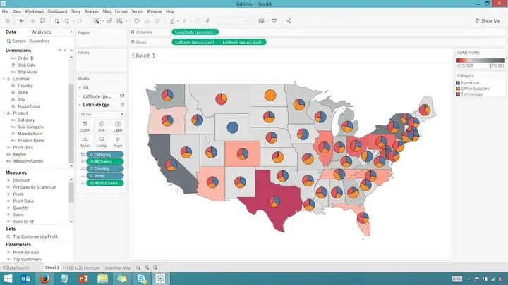 Screenshot of a US map in a data visualization tool (e.g., Tableau), with each state color-shaded and featuring embedded pie charts that show the distribution of various categories or metrics for each state.