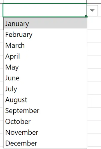 Excel cell dropdown showing month names populated from a cell range reference in data validation