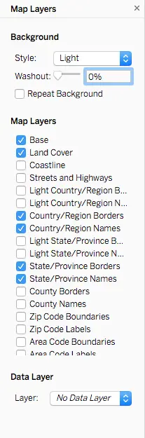 Screenshot of the 'Map Layers' panel with a 'Style' dropdown set to 'Light, ' a 'Washout' slider at 0%, and several checkboxes such as Base, Land Cover, Coastline, Country/Region Names, State/Province Borders, and Zip Code Boundaries. The Data Layer dropdown shows 'No Data Layer' selected.
