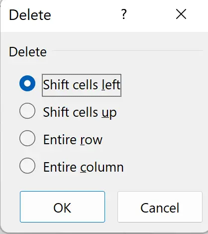 Excel Delete dialog box showing options for shifting cells after deletion