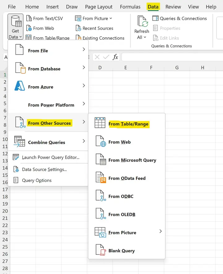 Start to Connect to an Excel Table or Range
