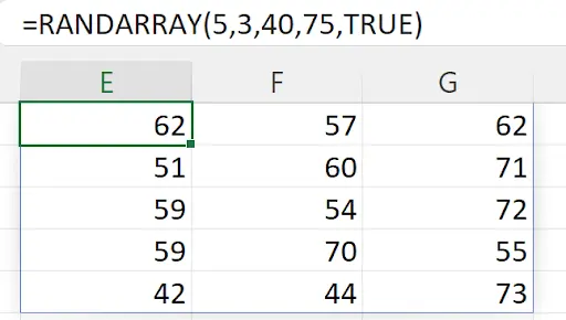 Screenshot of a Microsoft Excel worksheet using the formula =RANDARRAY(5,3,40,75, TRUE), displaying random integer values in columns E, F, and G.