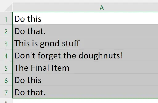 Excel column A showing cleaned text values after pasting formula results as values