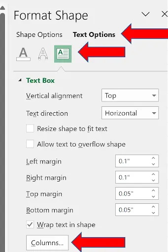Format Shape dialog showing Text Options with the Columns settings highlighted