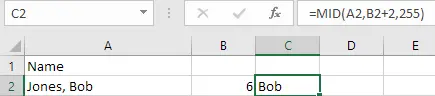 Excel MID function extracting a middle portion of a name string