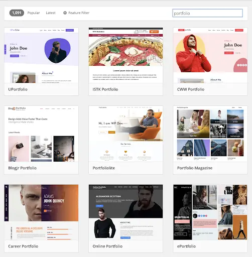 WordPress theme search results showing portfolio themes available for designers